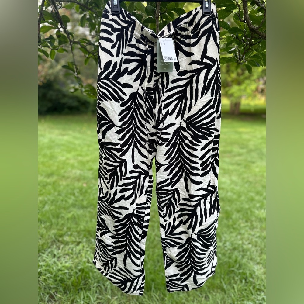 H&M Women's | LINEN-BLEND PULL-ON PANTS | BLACK & WHITE | SZ‎ M